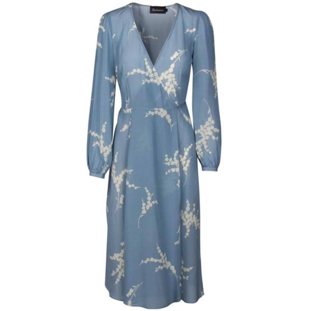 Realisation Par Silk Blue Midi Dress with Cream Floral Print